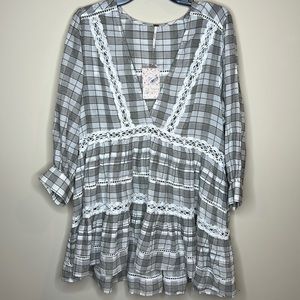 Free People tunic top plaid ivory combo crochet lace medium nwt